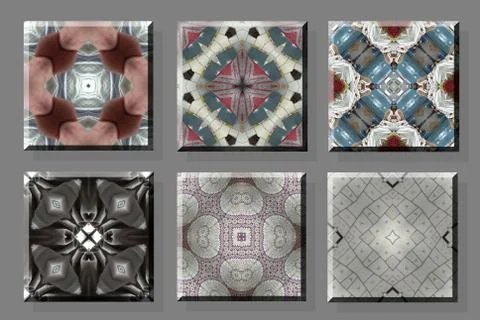 Set of six different seamless abstract pattern tiles on a grey colored backgr Stock Photos