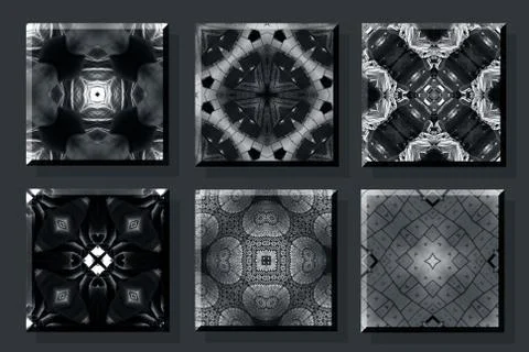 Set of six different seamless abstract pattern tiles on a grey colored backgr Stock Photos