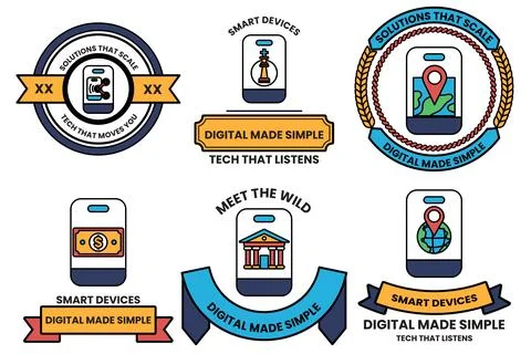A set of six digital made simple badges Stock Illustration