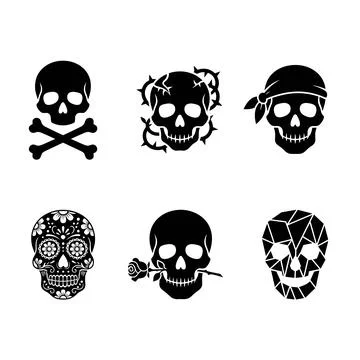 Set of six distinct black skull vector illustrations. Features pirate, crossb Stock Illustration