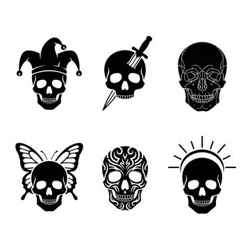 Set of six distinct black skull vector graphics featuring a jester hat, dagge Stock Illustration