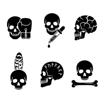 Set of six distinct black skull illustrations featuring symbolic elements lik 스톡 일러스트