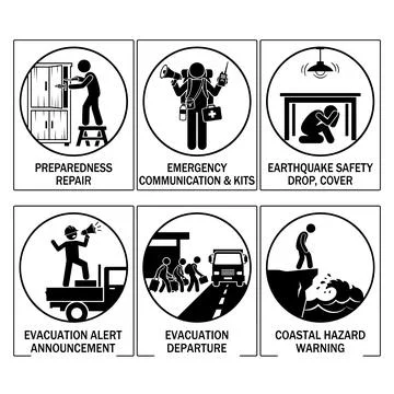 Set of six emergency preparedness and disaster response icons illustrating .. Stock Illustration