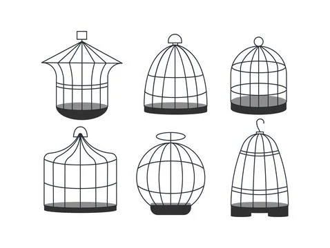 Set of six empty birdcages standing on white background Stock-Illustration