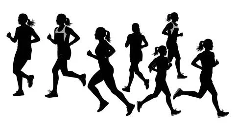 Set of Six Female Marathon Runner Silhouettes Stock Illustration