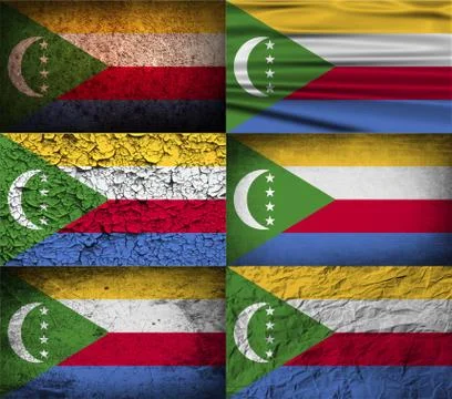 Set of six flags Comoros with old texture. Stock Photos
