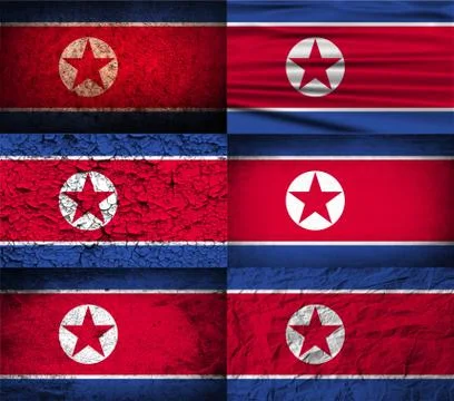 Set of six flags North Korea with old texture. Stock Photos