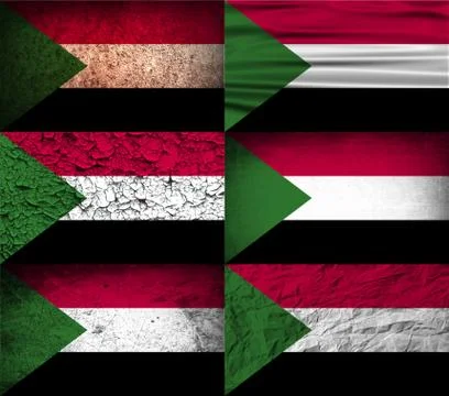 Set of six flags Sudan with old texture. Illustrazione stock