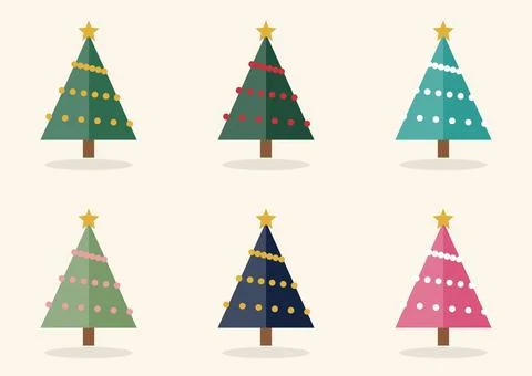 Set of six flat Christmas trees with golden stars, colorful garland dots, brown Stock Illustration