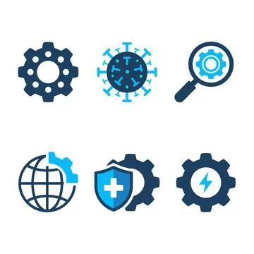 Set of six flat icons representing gears, virus, magnifying glass, globe, s.. Stock Illustration