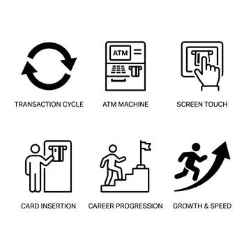 Set of six flat line icons representing financial transactions, career grow.. Stock-Illustration