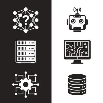 Set of six flat vector icons representing artificial intelligence, machine .. Stock-Illustration