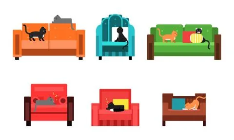 Set Of Six Flat Vector Illustrations With Cats On The Sofas Illustrazione stock