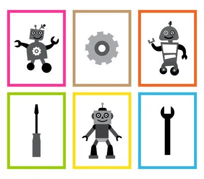 Set of six flat vector panels featuring robots, wrench, screwdriver and gea.. Illustrazione stock