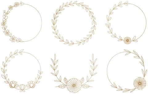 A set of six floral illustrations featuring wreaths and arrangements in soft Stock Illustration