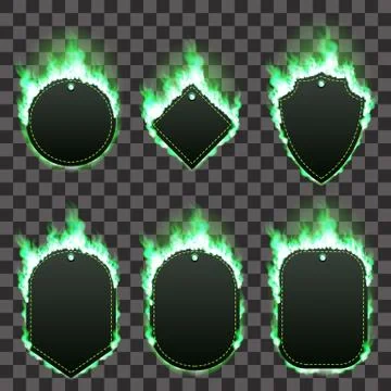 Set of six frames surrounded with green flame Stock Illustration