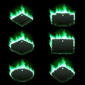 Set of six frames surrounded with green flame Stock Illustration