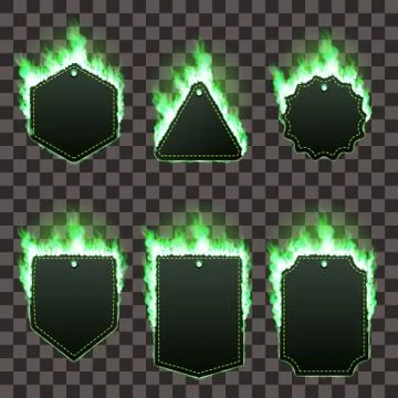 Set of six frames surrounded with green flame Stock Illustration