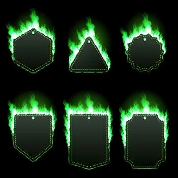 Set of six frames surrounded with green flame Stock Illustration