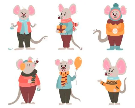 Set of six funny mice characters of the new year in winter clothes. In cartoo Stock Illustration