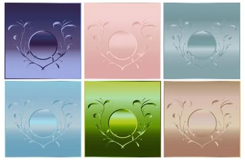 A set of six gradient options on stylized plant elements and a round frame. Stock Illustration