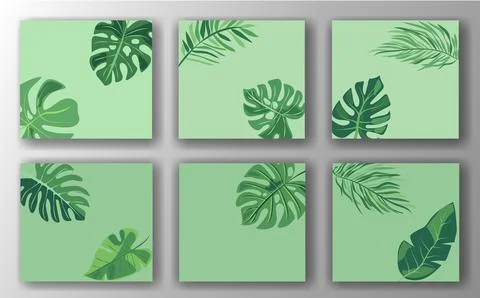 Set of six green leaf social media post templates on a light green background Stock Illustration