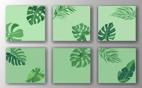 Set of six green leaf social media post templates on a light green background Stock Illustration