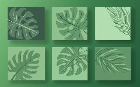 Set of six green leaf social media post templates on a light green background Illustrazione stock