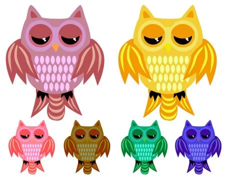 A set of six half-asleep owls with half-closed eyes with ornamented wings and Ilustración de archivo