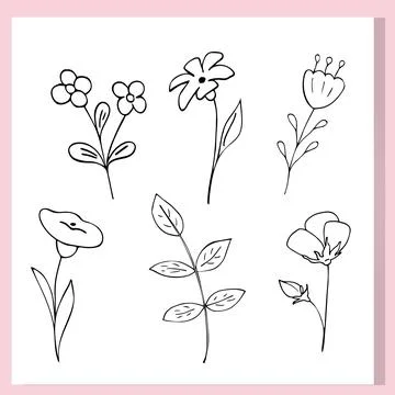 A set of six hand-drawn black and white floral doodles. Minimalistic cartoo.. Stock Illustration