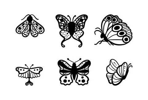 Set of six hand drawn doodle butterfly illustrations isolated on white back.. Stock Illustration