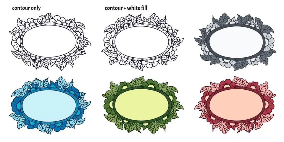 Set of six hand drawn frames with flowers and leaves in different versions Stock Illustration