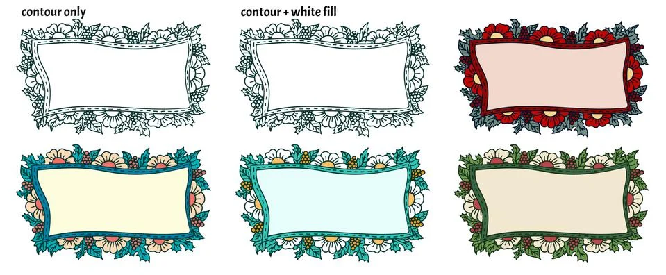 Set of six hand drawn frames with flowers, berries and leaves in flat design. Stock Illustration