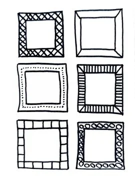 Set of Six Hand Drawn Square Frames Doodle Patterns. Illustrazione stock