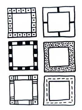 Set of Six Hand Drawn Square Frames Textured Patterns. Stock Illustration