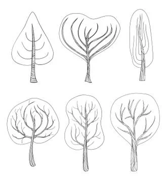 Set of six hand - drawn trees Stock Illustration