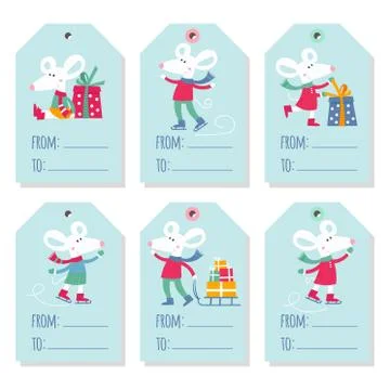 Set of six holiday Christmas tags with cartoon white mouse stock illustration Stock Illustration