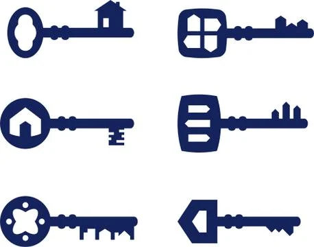 Set of six home keys in dark blue. Plain style. Stock Illustration