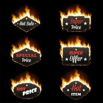 Set of six horizontal frames surrounded with flame Stock Illustration