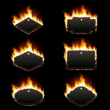 Set of six horizontal frames surrounded with flame Stock Illustration