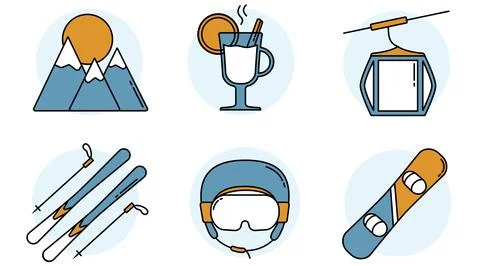 Set of six icons on the theme of skiing in a flat style. Vector Illustration Stock Illustration