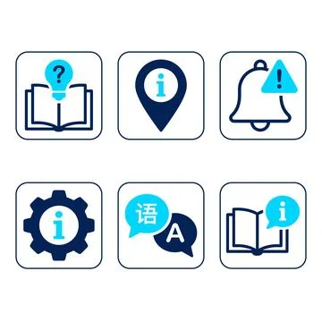 Set of six information icons including an open book with a question mark li.. Stock Illustration