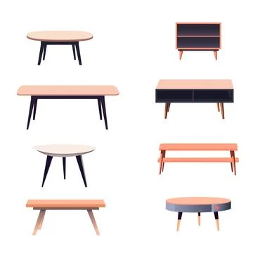 A set of six interior tables of different shapes. Stock Illustration