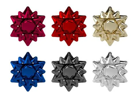 Set of six isolated shiny decorative bows in different colors. 3d render. Stock Illustration