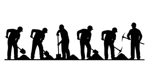 Set of Six Laborers Digging with Shovels Stock Illustration