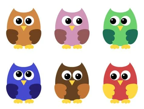 Set of six little owlets Stock Illustration