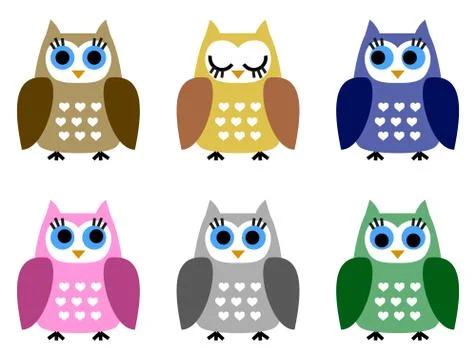 Set of six little owlets Stock Illustration