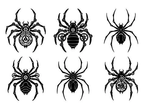 Set of six mechanical spider icons with clockwork gears and steampunk design Stock Illustration