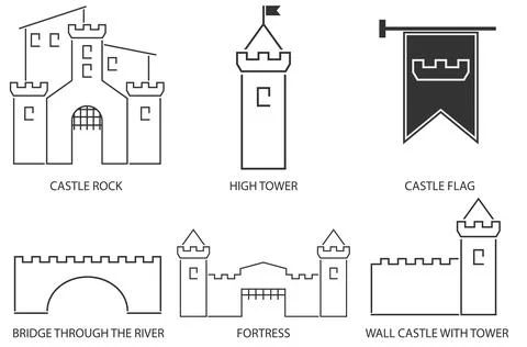Set of six medieval black and white castle fortress tower bridge and flag Stock Illustration