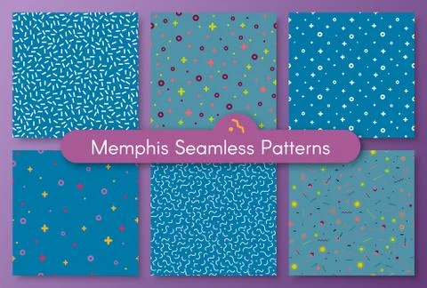 Set of six memphis seamless pattern 80 - 90s style Stock Illustration